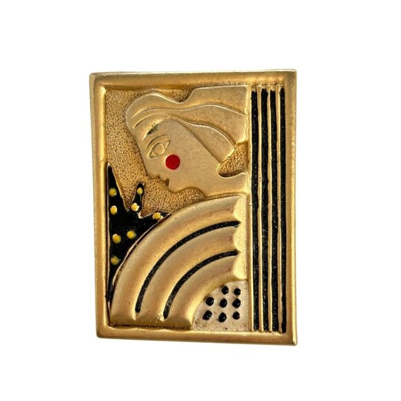 Signed AJC Cubism Artwork Brooch Matte Gold Tone Abstract Lady 1980s - Picture 3 of 7